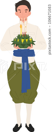 Thai Krathong Festival Illustration. A man in traditional dress holding Krathong. Loy Krathong Traditional Festival in Thailand 106671083