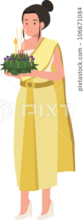 Thai Krathong Festival Illustration. A woman in traditional dress holding Krathong. Loy Krathong Traditional Festival in Thailand 106671084