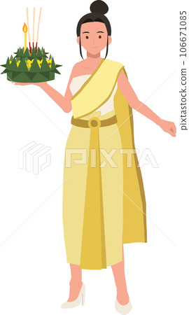 Thai Krathong Festival Illustration. A woman in traditional dress holding Krathong. Loy Krathong Traditional Festival in Thailand 106671085