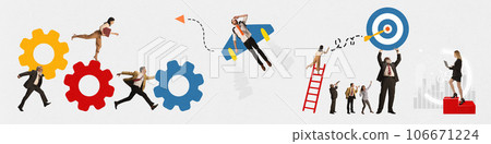 Contemporary art collage. Group of business people, office workers running on mechanic geers, fly on rocket, achive goals and have stable income. 106671224