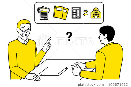 Senior man consulting with a tax accountant about final tax return Senior man consulting with a tax accountant about final tax return 106671412