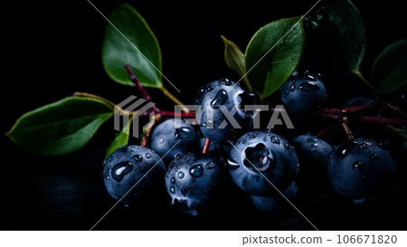 Blueberries on a black background. Beautiful berries on glass. With green leaves. Blueberries on a black background. Beautiful berries on glass. With green leaves. 106671820