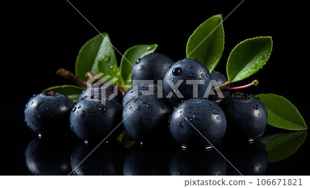 Blueberries on a black background. Beautiful berries on glass. With green leaves. Blueberries on a black background. Beautiful berries on glass. With green leaves. 106671821