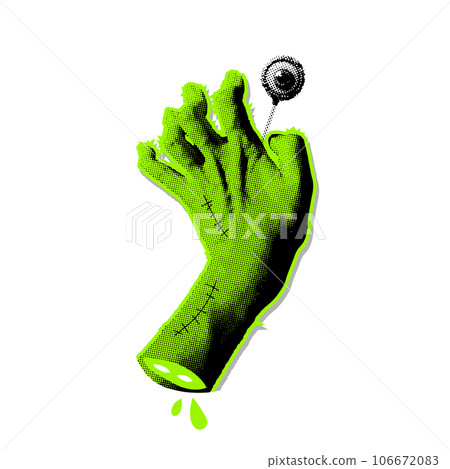 Neon green zombie monster hand holding zombie eye lollipop. Halftone grungy scary Halloween clip art. Demon hand halftone collage for mixed media design. Vector illustration isolated 106672083