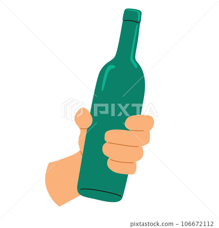 Vector illustration of male hand holding a full beer open bottle. Cheers toast isolated on white background 106672112