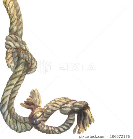 Watercolor illustration frame with of rope roll for camping isolated on white background. Marine rope for your design and decor. Sea knot made of rope 106672176