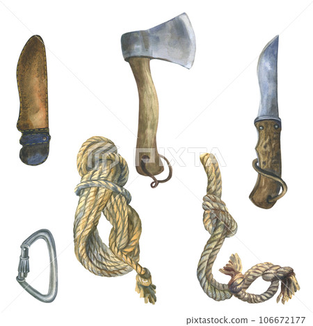 Watercolor hand painted illustration set of camping instruments, knife, axe, carbine, rope rolls for tourist, hanter. Objects for camping and adventure isolated on white. 106672177
