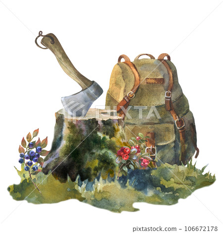 Watercolor illustration, ax in the stump and backpack. Watercolor hand drawn illustration of a wooden stump in the grass and forest berries with an axe. For design of the tourism and hiking. Watercolor illustration, ax in the stump and backpack. Watercolor hand drawn illustration of a wooden stump in the grass and forest berries with an axe. For design of the tourism and hiking. 106672178
