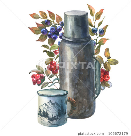 Vintage thermos and mug with forest berries, watercolor illustration. Camping tourist. Isolate on a white background Vintage thermos and mug with forest berries, watercolor illustration. Camping tourist. Isolate on a white background 106672179
