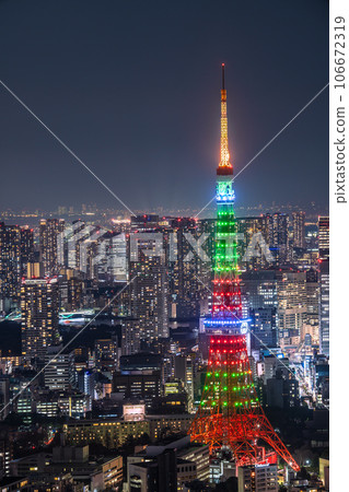 Tokyo cityscape in Japan - View of the night view of the metropolis of Tokyo and the beautifully illuminated Tokyo Tower Tokyo cityscape in Japan - View of the night view of the metropolis of Tokyo and the beautifully illuminated Tokyo Tower 106672319