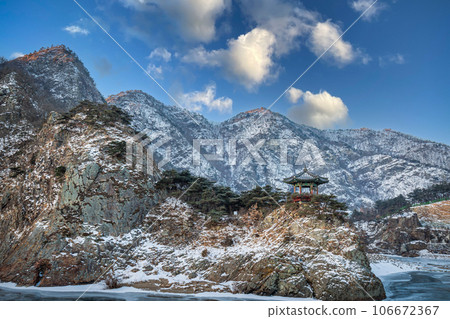 Snow-capped mountains on a clear day in winter, South Korea. Snow-capped mountains on a clear day in winter, South Korea. 106672367