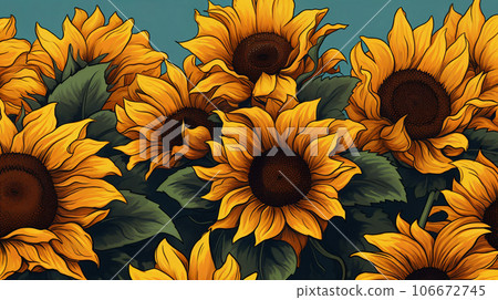 A vibrant illustration showcasing a charming background of sunflowers. Generative AI. 106672745