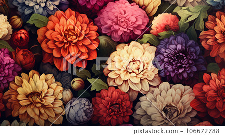 An enchanting illustration featuring a vibrant background of colorful vintage flowers. Generative AI. 106672788