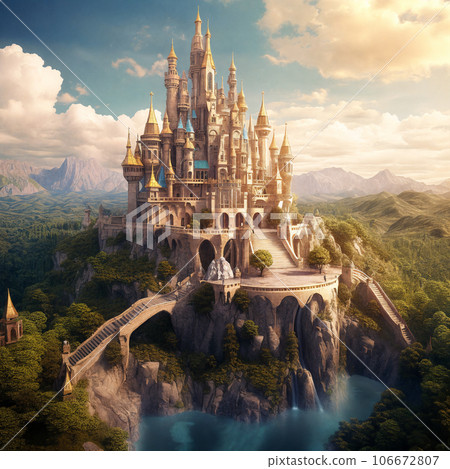 Fantasy castle rises with majestic grandeur. AI Generative. 106672807