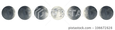 Watercolor phases of the Moon collection. Cyclically changes from new moon, crescent, quarter, gibbous to full moon. Hand drawn art graphic isolated, white background. 106672828
