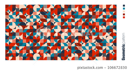 Geometric trendy pattern, Bauhaus style. Modern colorful background with simple elements. Retro texture with basic geometric shapes. Print design, minimalist poster cover. Vector illustration 106672830