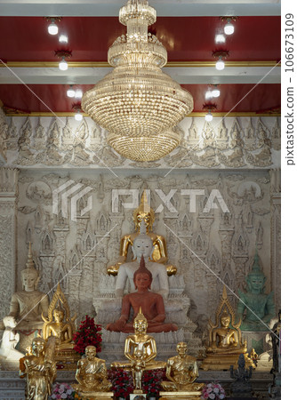 The Buddha statues (Buddha images) Enshrined at Monastery the famous Wat Chulamanee Buddhist Temple. The Buddha statues (Buddha images) Enshrined at Monastery the famous Wat Chulamanee Buddhist Temple. 106673109