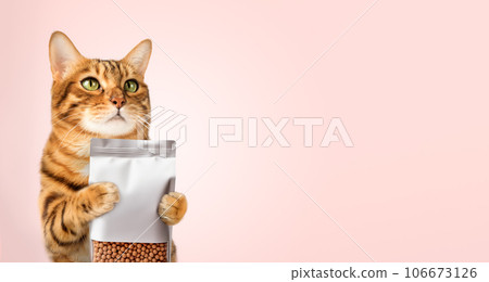 A ginger cat holds a pack of dry food in his paws. 106673126