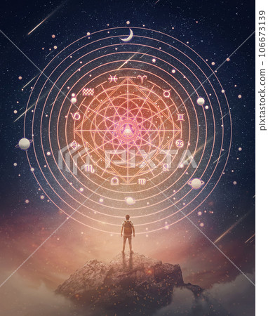 Marvelous scene with a person on the top of a mountain watching the astrological wheel projection on the starry night sky. Zodiac signs, magical horoscope symbols 106673139
