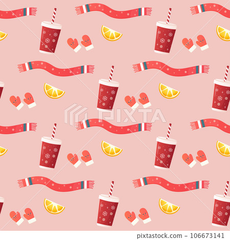 Seamless pattern cosy with winter accessories, jumper, hat, scarf, mugs. 106673141