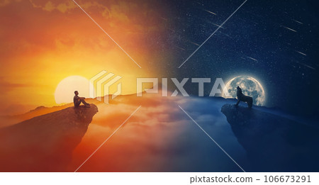 Equinox concept with sunrise against moonrise scene. Silhouettes of a person and a wolf on the edge of cliff, day equal night time Equinox concept with sunrise against moonrise scene. Silhouettes of a person and a wolf on the edge of cliff, day equal night time 106673291