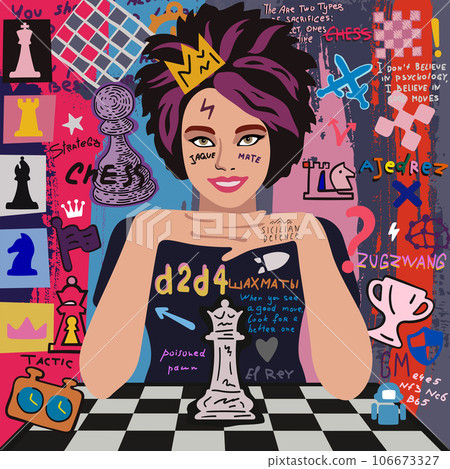 Chess girl artistic vector poster with hand drawn chess pieces and icons 106673327