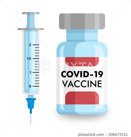 Covid-19 vaccine vector illustration. Medical flask and syringe. Covid-19 vaccine vector illustration. Medical flask and syringe. 106673331