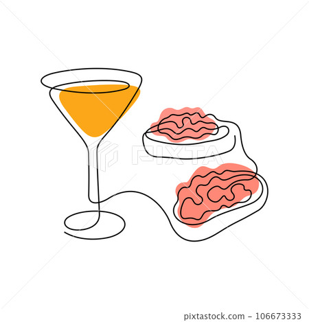 Cocktail drink and tapas continuous line vector illustration. 106673333