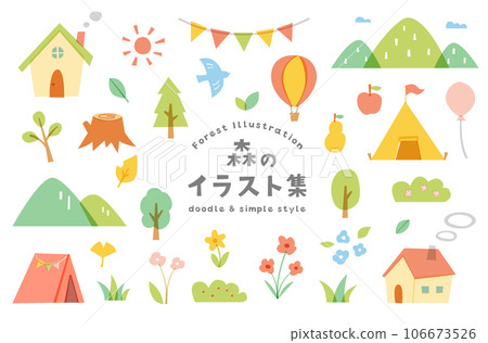 Forest and mountain hand-drawn style illustration set, plants, outdoors, nature, trees, camping, leaves, house, marche, decoration, decoration Forest and mountain hand-drawn style illustration set, plants, outdoors, nature, trees, camping, leaves, house, marche, decoration, decoration 106673526