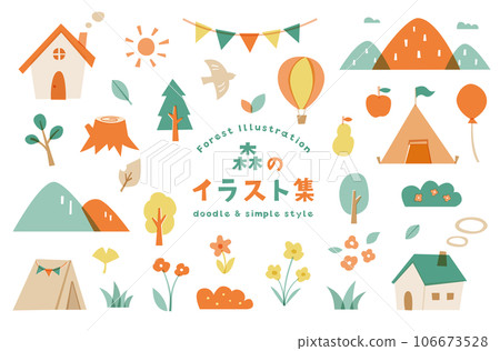 Forest and mountain hand-drawn style illustration set, plants, outdoors, nature, trees, camping, leaves, house, marche, decoration, decoration 106673528