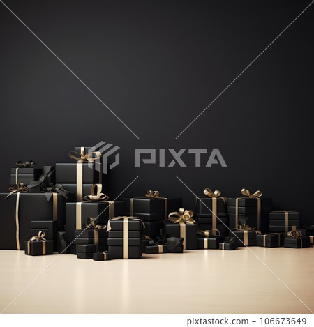 Black Friday Super Sale banner with realistic black gifts boxes and gold bows. Dark background golden with copy space Black Friday Super Sale banner with realistic black gifts boxes and gold bows. Dark background golden with copy space 106673649