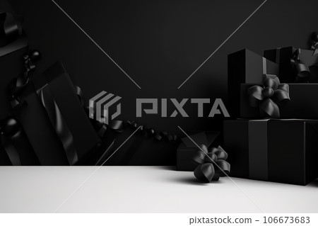 Black Friday Super Sale banner with realistic black gifts boxes and gold bows. Dark background golden with copy space 106673683