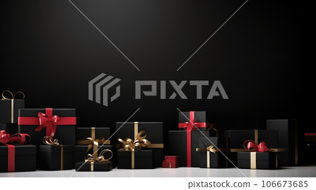Black Friday Super Sale banner with realistic black gifts boxes and gold bows. Dark background golden with copy space 106673685