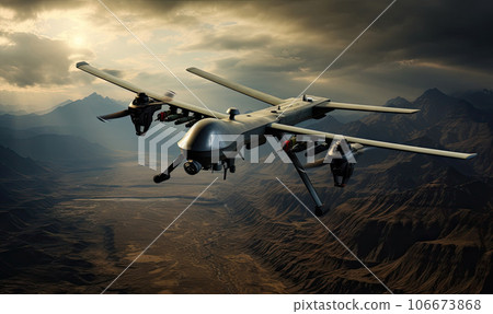 Military drone hovering over a vast desert landscape with distant mountains. Created with generative AI tools 106673868