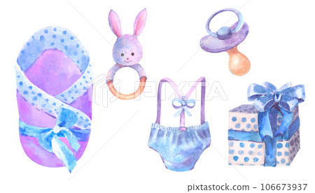 Baby shower clip art, newborn boy design elements. Watercolor hand drawn illustrations with elements for baby shower isolated on white background. Baby shower clip art, newborn boy design elements. Watercolor hand drawn illustrations with elements for baby shower isolated on white background. 106673937