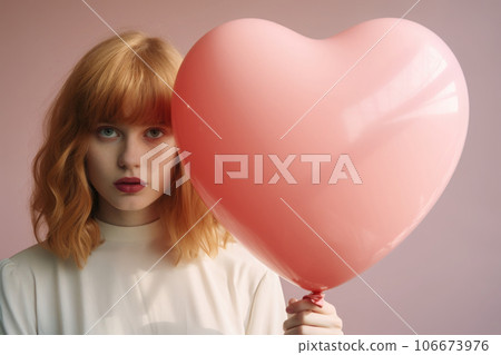 Woman holds red balloon in shape of heart. Romantic emotions. Generative AI 106673976