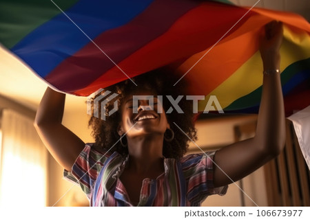 Smiling woman with LGBT rainbow flag. Generative AI 106673977