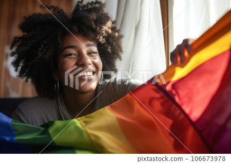 Smiling woman with LGBT rainbow flag. Generative AI 106673978