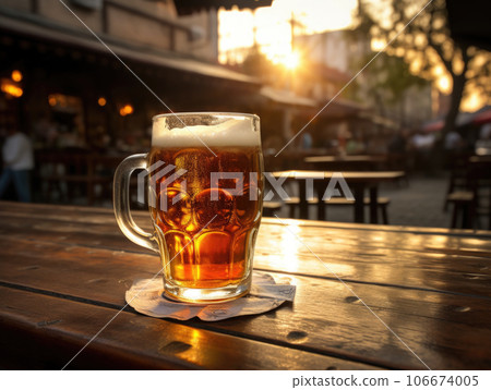 Cold beers glass on wooden table outdoors. Generative AI 106674005