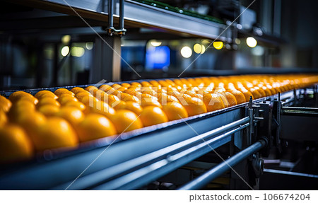 Vibrant oranges on a conveyor belt in a factory. Created by AI tools 106674204