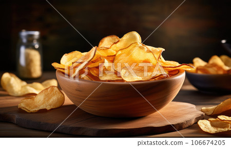 Golden potato chips in a wooden bowl. Created by AI tools 106674205