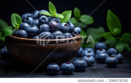 Fresh blueberries in a wooden bowl on a dark, rustic table. Created by AI tools 106674206