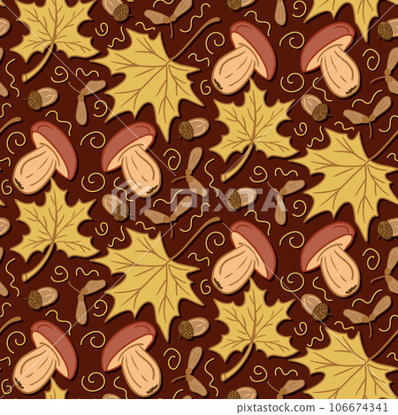 Flat hand drawn mushroom and maple leaves pattern 106674341