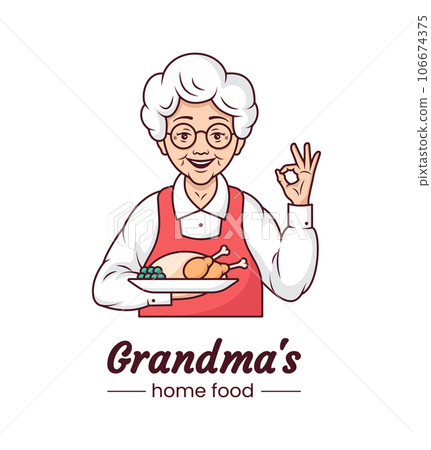 Grandmas cooking cafe logo, cute character cartoon design. Cheerful grandmother with a plate of appetising homemade food. Template. Vector line illustration 106674375