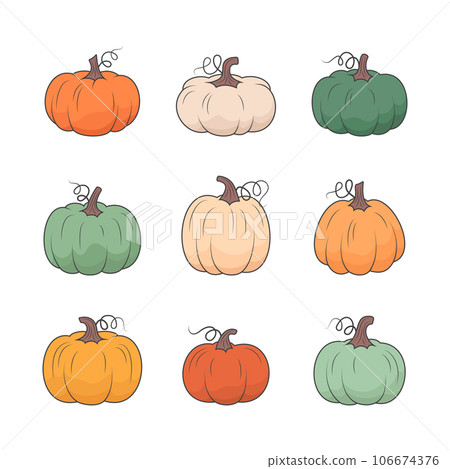 Colorful pumpkins set fall design. Vector line illustration on white background Colorful pumpkins set fall design. Vector line illustration on white background 106674376