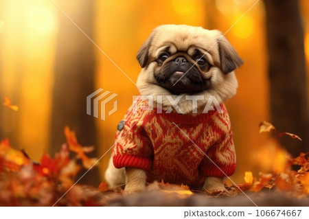 A Pekingese dog is sitting in an autumn forest in a warm sweater A Pekingese dog is sitting in an autumn forest in a warm sweater 106674667