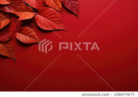 Autumn leaves on a red table, a place for text 106674675