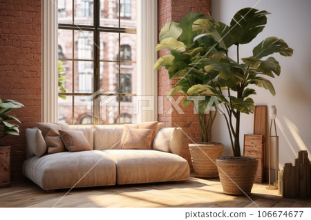 The interior of the living room with a sofa and a large indoor flower in a planter 106674677