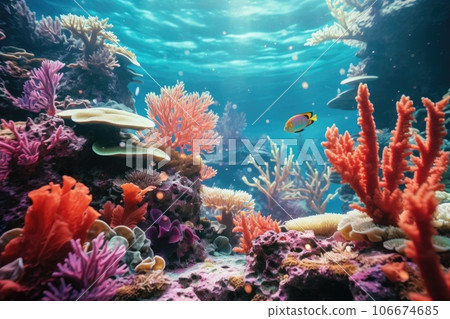 A bright underwater world with coral reefs 106674685