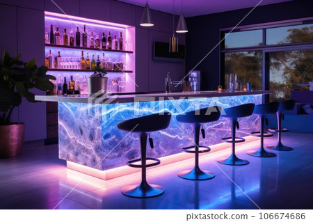 Modern kitchen with a bar counter and neon lighting Modern kitchen with a bar counter and neon lighting 106674686